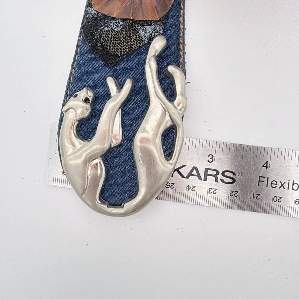 VTG Denim Leather Belt Peacock Feathers Leopard Silver Tone Buckle Adjustable